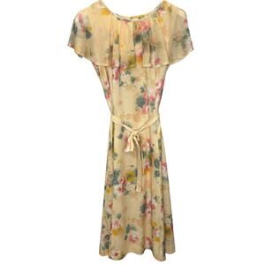Vintage Jennifer Gee Yellow Watercolor Floral Dress Belt Size M 70s Midi
